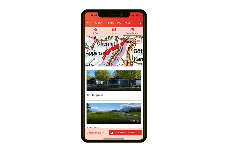 FixFinder-App mit Kartenansicht und Postenliste eines Rundgangs.