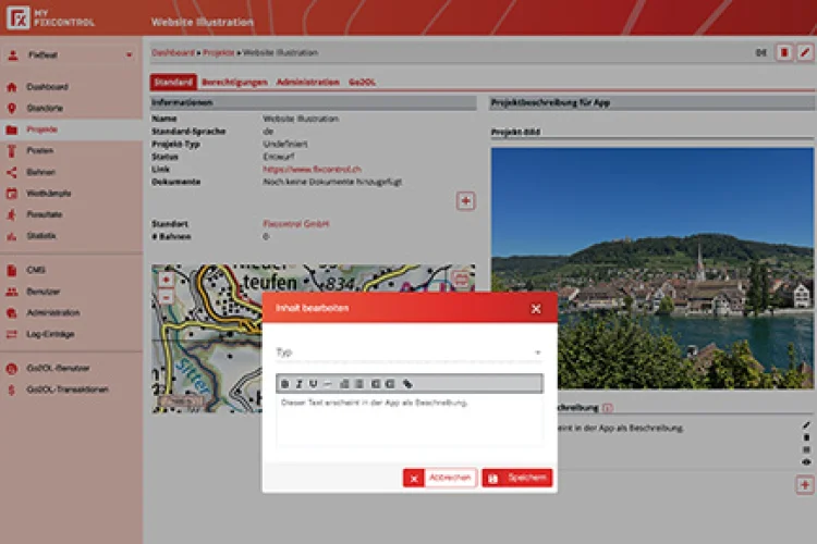 Weboberfläche von MyFixcontrol mit Projekteinstellungen und Kartenausschnitt.