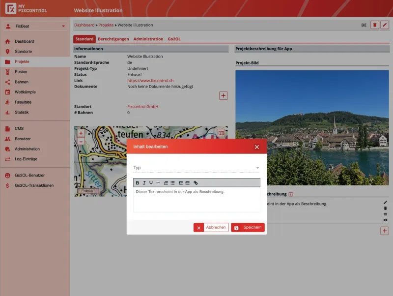 MyFixcontrol: Projekteinstellungen mit Kartenausschnitt und Projektbild.