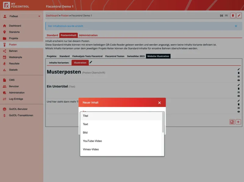 MyFixcontrol: neuen Posteninhalt hinzufügen, zum Beispiel Titel, Text, Bild oder Video.