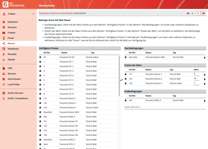 MyFixcontrol: Bahn bearbeiten mit Start-, Posten- und Endbedingungen.