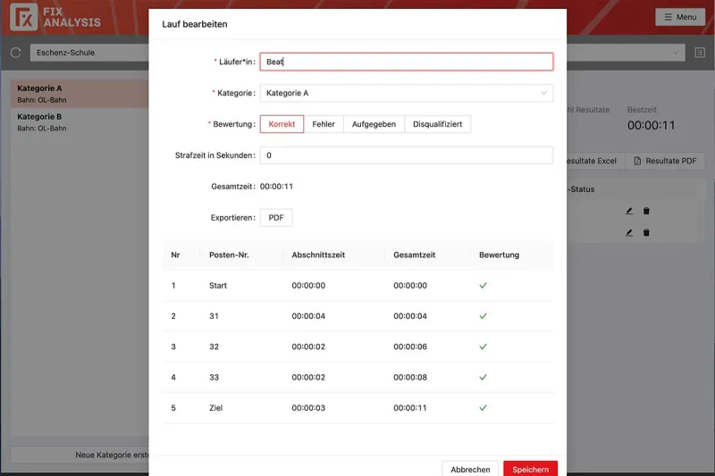 FixAnalysis: Lauf bearbeiten mit Bewertung und Abschnittszeiten.