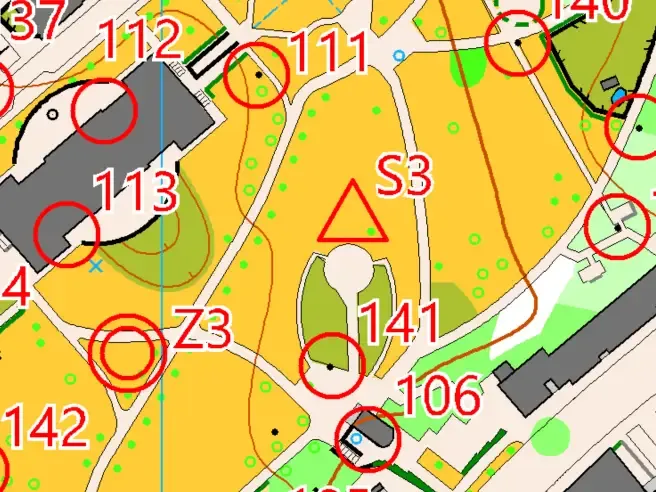 Ausschnitt der Orientierungslaufkarte mit Posten im Stadtpark St. Gallen.